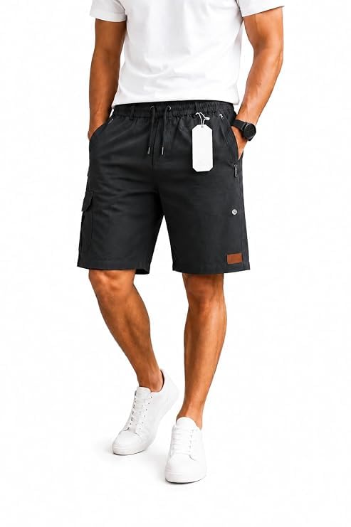 d crok Men's Black Cotton Cargo Shorts | Regular Fit Drawstring Elastic Waist Multi Pocket Casual Summer Shorts for Outdoor, Travel-picture-42