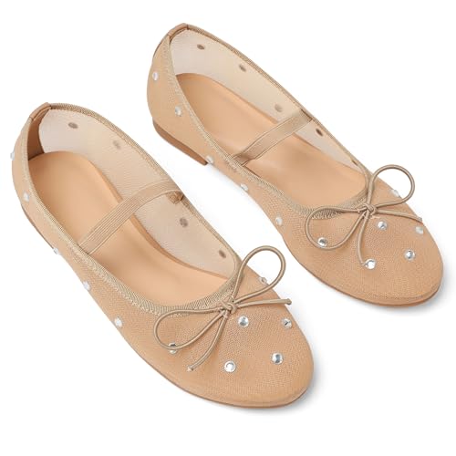 Eteridrey Mesh Ballet Flats Shoes Round Toe Flats for Women Elastic Strap Ballerina Flats Glitter Rhinestone Mary Jane Flats Slip On Bow Wedding Dress Shoes Comfortable Casual Office Walking Shoes4