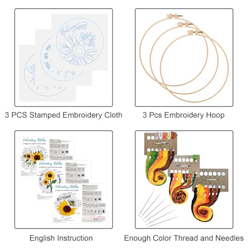 Image of Louise Maelys 3 Sets Sunflowers Embroidery Kit for Beginners,Cross Stitch Kits for Adults with Summer Flowers Bee Stamped Pattern,Starters Needlepoint with Embroidery Instruction