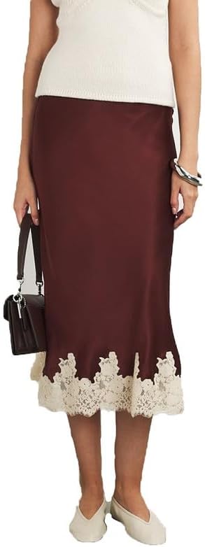 Women Silk Satin Half Slip Long Skirts Lace Patchwork Elastic Waist Long Skirt Elegant Silky Flowy A Line Midi Skirts