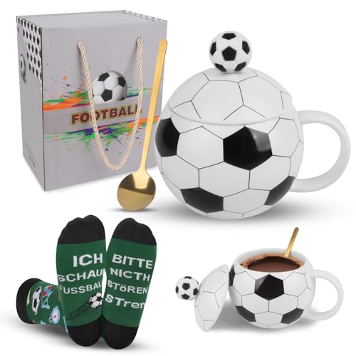 Fußball Kaffeetasse, Fussball Keramik Becher mit Lustige Socken Herren, Fußballform Cappuccino Tassen mit Deckel, Originelle Fan Tasse für Vatertag, Papa Geburtstag & Weihnachten(Fußball)