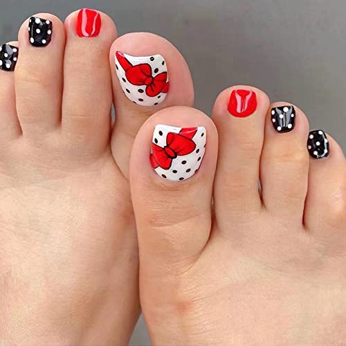 Press on Toenails Cute Bow-Knot Dots Design Fake Toenails Summer Full Cover False Toenails Fashion Square Short Removable Acrylic Toe Nails Fake Nails for Women 24pcs