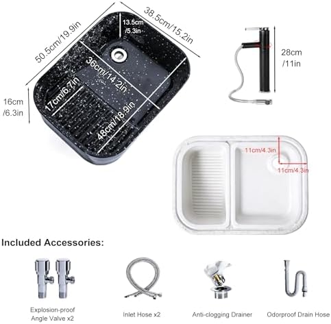 Rectangular Ceramic Laundry Sink with Washboard, Pull-Out Faucet & Drain Set for Bathroom, Laundry Room & Balcony - 60.5x38.5x16cm (23.8x15.2x6.3in)