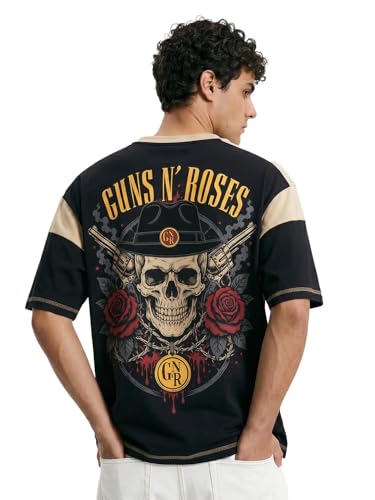 Buy Gun and Roses Oversized T-Shirt - Black & Beige - S at Amazon.in