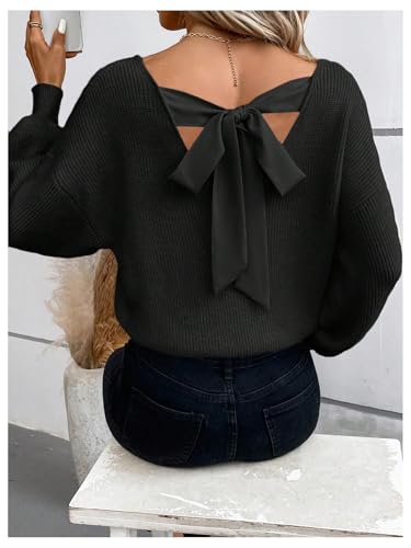 Image of GORGLITTER Women's Bow Fall Sweaters 2025 Cable Knit Chunky Oversized Long Sleeve Backless V Neck Pullover Tops