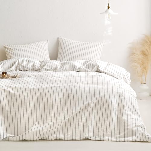 Image of Wake In Cloud - Striped Cotton Duvet Cover Set, Ticking Stripe Vertical Pinstripe Farmhouse, 100% Washed Cotton Textured Bedding Set, 3 Pieces, White, King Size
