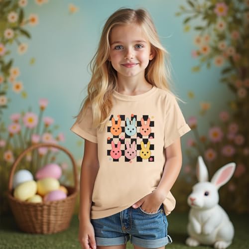 Image of CM C&M WODRO Kid Girl Easter T-Shirt Cute Bunny Flower Checkered Print Tees Summer Short Sleeve Shirt Tops 7-12 Years