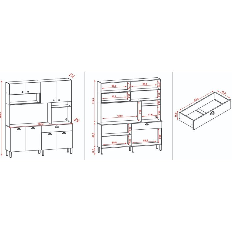 ACTUAL DIFFUSION Buffet de Cuisine 8 Portes 1 Tiroir 10 NIches Chêne et Noir L 182.8 H 205 P 39.3 cm