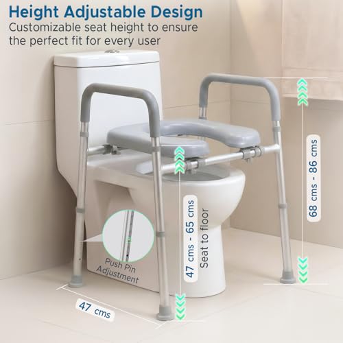 Image of KosmoCare Aluminium Toilet Seat Raiser with Cushioned Seat | Adjustable Toilet Safety Frame with Handles for Elderly & Disabled | Toilet Seat Riser with Armrests | Toilet Safety Rails for Seniors