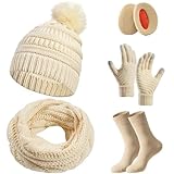 Set de Bufanda, Gorro y Guantes para Mujer de Invierno con Pantalla Táctil - Incluye Orejeras y Calcetines de Forro Polar,...