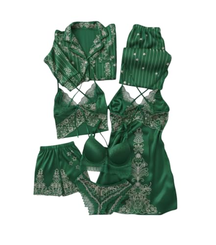 Image of Valentine's Day Printed Fancy Night Suit Bath Robe Dress Bra Panty Set Combo for Women's Pack of 7 Pcs Nightwear Lingerie Silk Wedding Set Gifts Lace Nightsuit Set (Free Size) Green