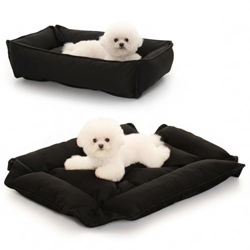 Waterproof Dog Bed Foldable Crate Pad with Non-Slip Base for Small Medium Dogs Washable Pet Bed with Orthopedic Support for Indoor and Outdoor Use (Black)