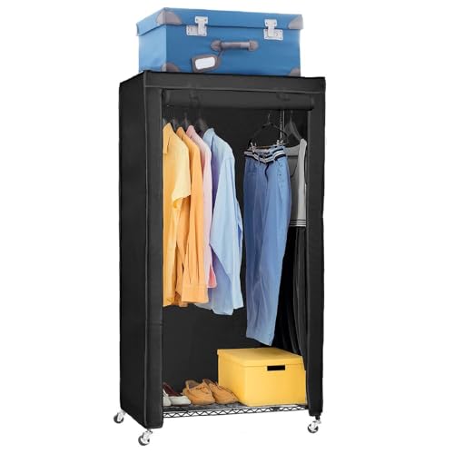 art moon Buffalo Schwerlast Faltschrank mit Rollen, bis 70 kg, Kleiderständer mit Hülle, mit 2 Ablagen und Kleiderstange, Stahl, Baumwolle, Schwarz