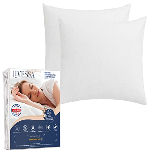 LIVESSA Wasserdichter Kissenbezug 80x80 cm (2er Pack) Kombinierbar mit Matratzen-Schutzhüllen - Kissenschoner mit Reißverschluss, 100% Baumwolle Oberfläche, Atmungsaktiv