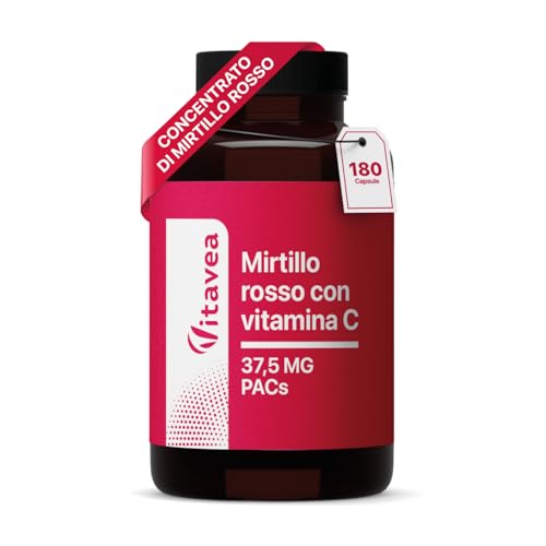 Cranberry con Vitamina C – 1250 mg di succo di mirtillo rosso in polvere al giorno – 37,5 mg PAC – 180 capsule vegane – Senza additivi inutili – Vitavea