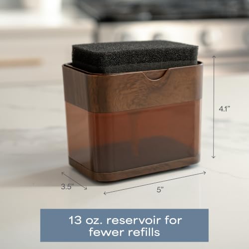 Image of S&T INC. Dish Soap Dispenser and Sponge Holder, Plastic Walnut and Amber