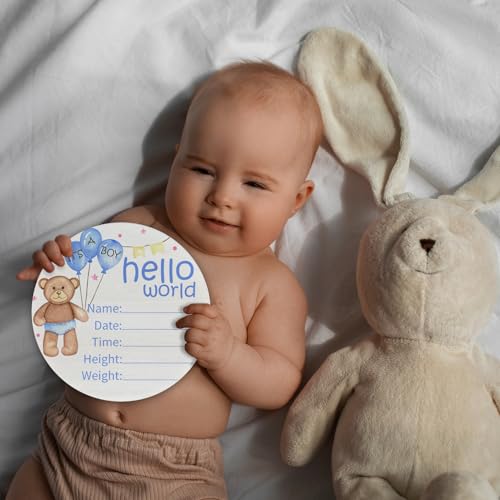 Image of Birth Announcement Sign Hello World Baby Name Wood Blue Bear Theme | Round Wood Plaque with Blue Bear Design, Custom Name Date Weight Length Great for Nursery Wall Baby Shower Gifts