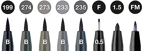 Image of Faber-Castell Pitt Artist Pen, Black & Grey, B, F, 1.5, FM, 167171 Ink Pen, Pack of 8