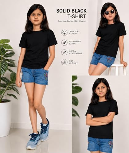 Image of ORATEES Kids T-Shirt Girls Plain Black Pure Cotton Bio Wash Regular Fit Round Neck Half Sleeve