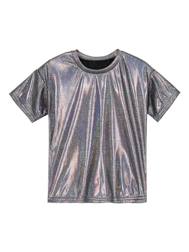 Freebily Camiseta Manga Corta para Niñas Camiseta con Metálica Brillantes Top de Danza Hip Hop Fiesta Camiseta Casual de Verano Top Corto Chica Negro 5-6 años
