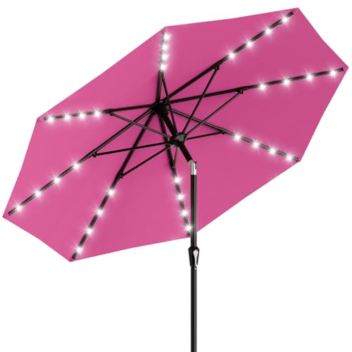 Image of AreShark 9FT Patio Umbrella with Solar Lights, 32 Lighted Pool Umbrella w /Tilt and Crank, Outdoor Market Solar Umbrellas for Garden, Deck, Backyard, Pool and Beach, Rose Pink