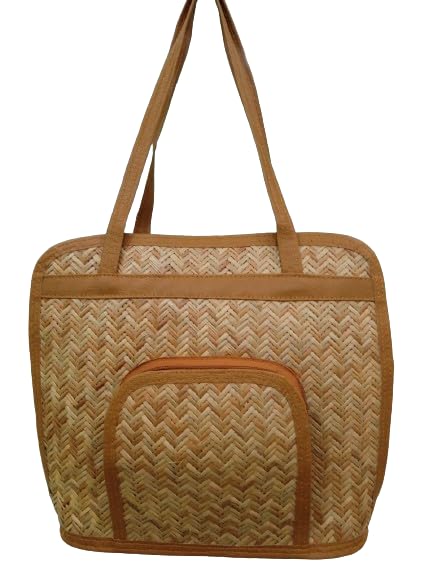 Image of Bamboo Bag Natural Fabric And Rexine Handicraft Handbag Clutch For Women Beige Color