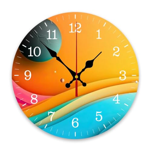A colorful rainbow abstract shapes and layered textures offering Wall Clock Decorative for Living Room Decor Kitchen Bathroom Bedroom Office Silent Outdoor Waterproof Patio Wooden Analog Clock