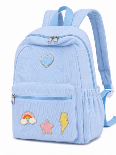 Dansydaisy Corduroy School Backpack for Girl with Chenille Patch,Blue