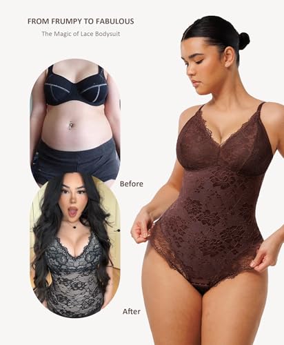 Image of FeelinGirl Shapewear Bodysuits for Women Lace Shapewear Tummy Control V-Neck Sleeveless Bodysuit Tops Jumpsuit