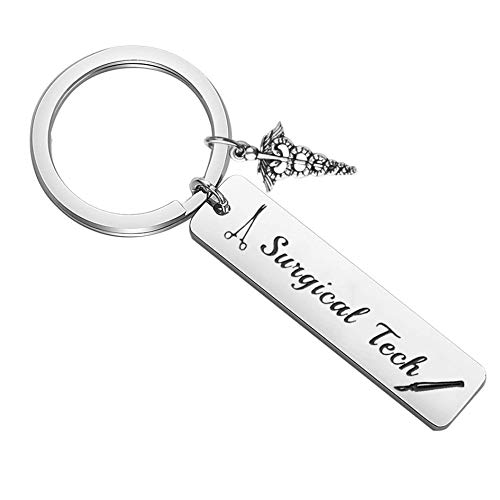 BEKECH Surgical Technologist Gift Surgical Tech Keychain with Caduceus Charm Surgery Tech Jewelry for Surgical Nurse Doctor Medical Student (Silver)