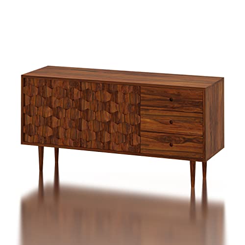 Image of Ganpati Arts Sheesham Wood Sideboard Cabinet with 2 Doors 3 Drawer Storage for Home Kitchen Office Wooden Organizer Bedroom (Natural Finish)