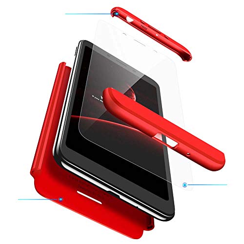 cmdkd Funda Compatible con Xiaomi Redmi 6A,Case Bumper 3 en 1 Estructura 360 Grados Integral para Ambas Caras Hard Skin Carcasa + Cristal Templado.Rojo