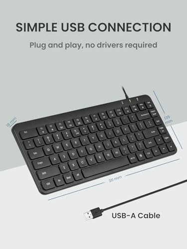 Image of Perixx PERIBOARD-407B Mini Keyboard - Black - USB - 12.60 x5.55 x0.98 Dimension - Piano Finish - Chiclet Key Design - US English Layout