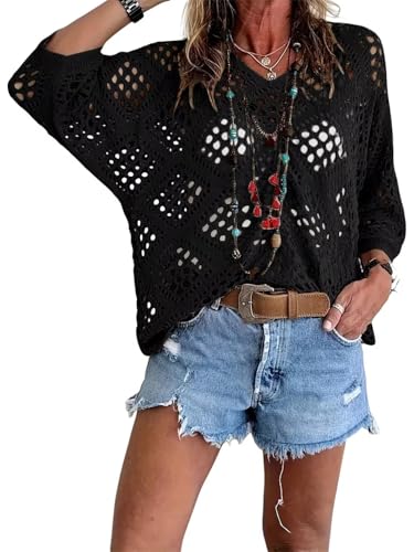Allimy Womens Summer Crochet Long Sleeve Sexy Tops Sweaters for Women 2025 Beach Cover ups Cruise Outfits