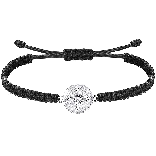 J.Endéar Mandala Pulsera Plata de Ley 925 para Mujer Niña, Pulsera Trenzada Hecha a Mano Filigrana Cordón Ajustable, Yoga Meditación Joyería Budista Amuleto Regalo, Negro