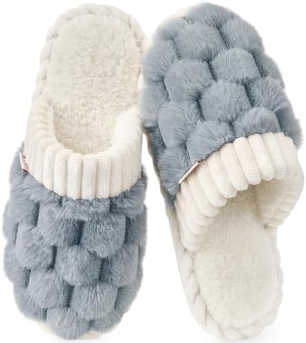 Misolin Damen Hausschuhe Wärme Winter Pantoffeln mit Memory-Schaum | Bequeme Plüsch-Futter, Flauschige Weiche Slippers, Cord-Patchwork Design, Rutschfeste Sohle, Indoor Outdoor