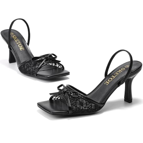 SKETOE Kitten Heels for Women Square Toe Mesh Sandals Bow Knots Heels Open Toe Sandals for Women Comfortable Dressy Shoes for Wedding Party, Black by SKETOE - Image 5