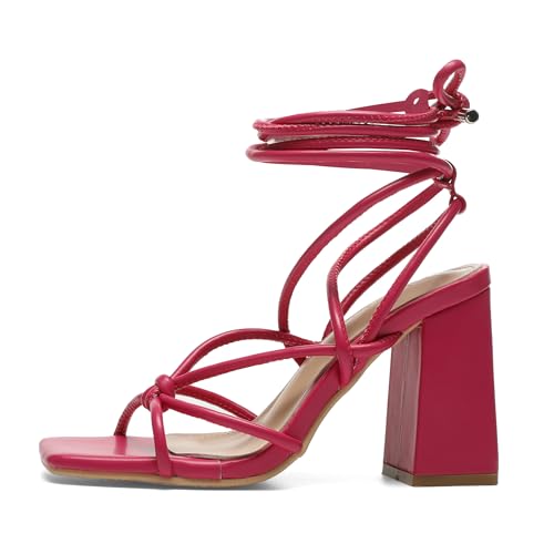 Image of Womens Strappy Heels Lace Up Chunky Heel Sandals, Cute Block Heel Wrap Sandals for Women Dressy Sexy with Square Toe