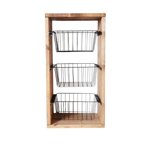 無垢材 ワイヤーバスケット シェルフ 3段 かご付 ブラウン|新星金属製作所 大阪府 守口市 玄関 リビング 子供部屋 ホルダー 棚 アンティーク ラック ニッチ カントリー雑貨 収納 天然木 アイアン 持ち運び シェルフ ウッド 家具 鉄 木 収納棚 ビンテージ [0867]