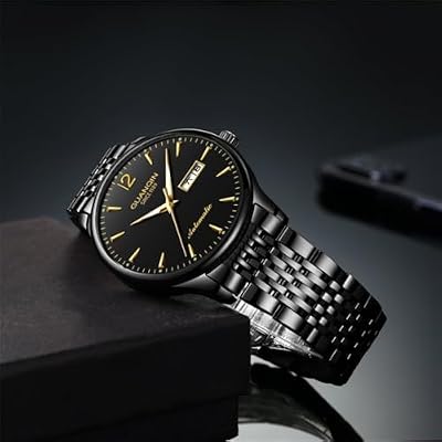GUANQIN Men Calendar Week Luminous Japanese Automatic Self-Wind Mechanical Wrist Watch Sapphire Crystal Business Waterproof Clock Man Vintage Stainless Steel Wristwatch (Black)