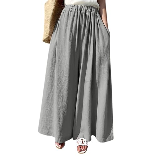 [F8eight] 綿麻専門店 ズボン レディース 綿麻 ワイドパンツ ロング ポケット付き カジュアル ウエストゴム おしゃれ 薄手 大きい ゆったり ハイウエスト 長ズボン ガウチョパンツ 無地 春 夏 秋 通勤 普通着のサムネイル