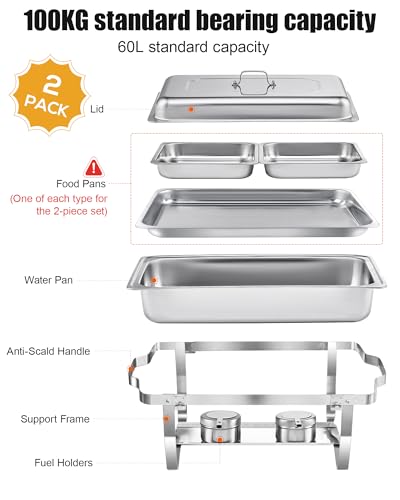 WENMILY Chafing Dish Buffet Set 9L[Robust und hochwertig],2pcs Edelstahl Warmhaltebehälter[Rollrand-Design],Speisenwärmer für Catering Buffet und Party (Quadrat Silber - 2 Sets 1/2+1/1 GNContainers)