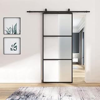 BARNSMITH 92cm W x 213cm H Frosted Glass Barn Door with 183cm Top Mounted Hardware kit Include Soft Close Mechanism Black Carbon Steel Tempered Frosted Glass Sliding Door, Assemble Required