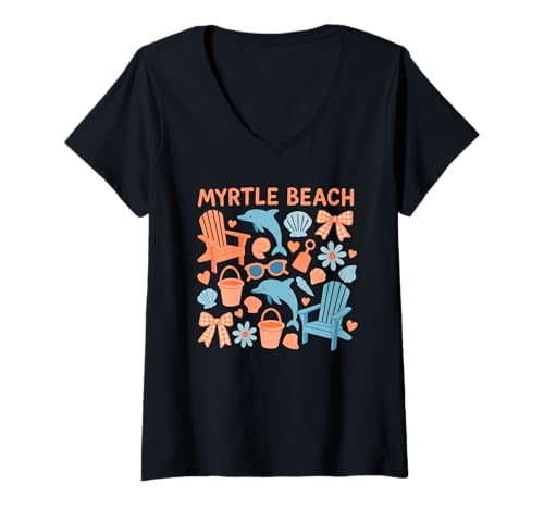 Mujer Myrtle Beach Coquette Delfín Conchas Verano Camiseta Cuello V