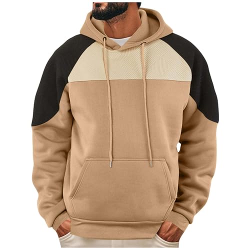 Hoodies for Men Drawstring Long Sleeve Pullover Patchwork Color Block Fleece Sweatshirt Trendy Pocket Raglan Shirts