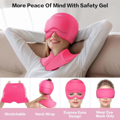 Image of 3 in 1 Migraine Relief Cap Neck Ice Pack Wrap Gel and Ice Eye Masks, Detachable Ice Caps with Eyes Masks, Hot and Cold Therapy for Relief of Headaches, Stiff Neck and Eye Fatigue (Rose red)