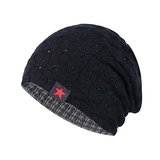 Winter Baseball Cap Herren Winter Warm Grobstrick Kariert Strick Frauen Wendbar Baggy Schneemütze Warme Unisex Mütze Farben Einfarbig Matrosenmütze (Black, One Size)