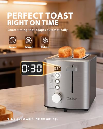 2 Slice Toaster, LED Countdown Timer, 6 Browning Setting - Bread Toasters with Warming Rack and Removable Crumb Tray,Defrost/Reheat/Cancel,1.1m Long Cord, Stainless Steel, Silver - Image 4