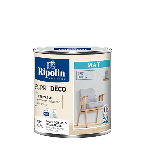 RIPOLIN - Peinture Intérieure Multi-Supports – Murs, Boiseries & Radiateurs – Ultra Couvrante – Lessivable – Application Facile – Ecolabel - Aspect Mat - 0,5L - Gris Souris