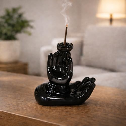Image of CraftVatika Home Decoration Items for Home, Backflow Incense Burner Hand Shape Ceramic Incense Holder for Meditation Yoga Pooja, Zen Aromatherapy House Decor Showpiece Gift Item for Living Room Office